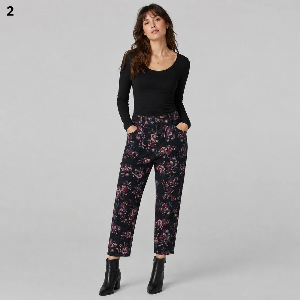 Y2K Bandolino Amy Jeans Womens 14 Black Floral Cotton Straight‎ Leg High Waist